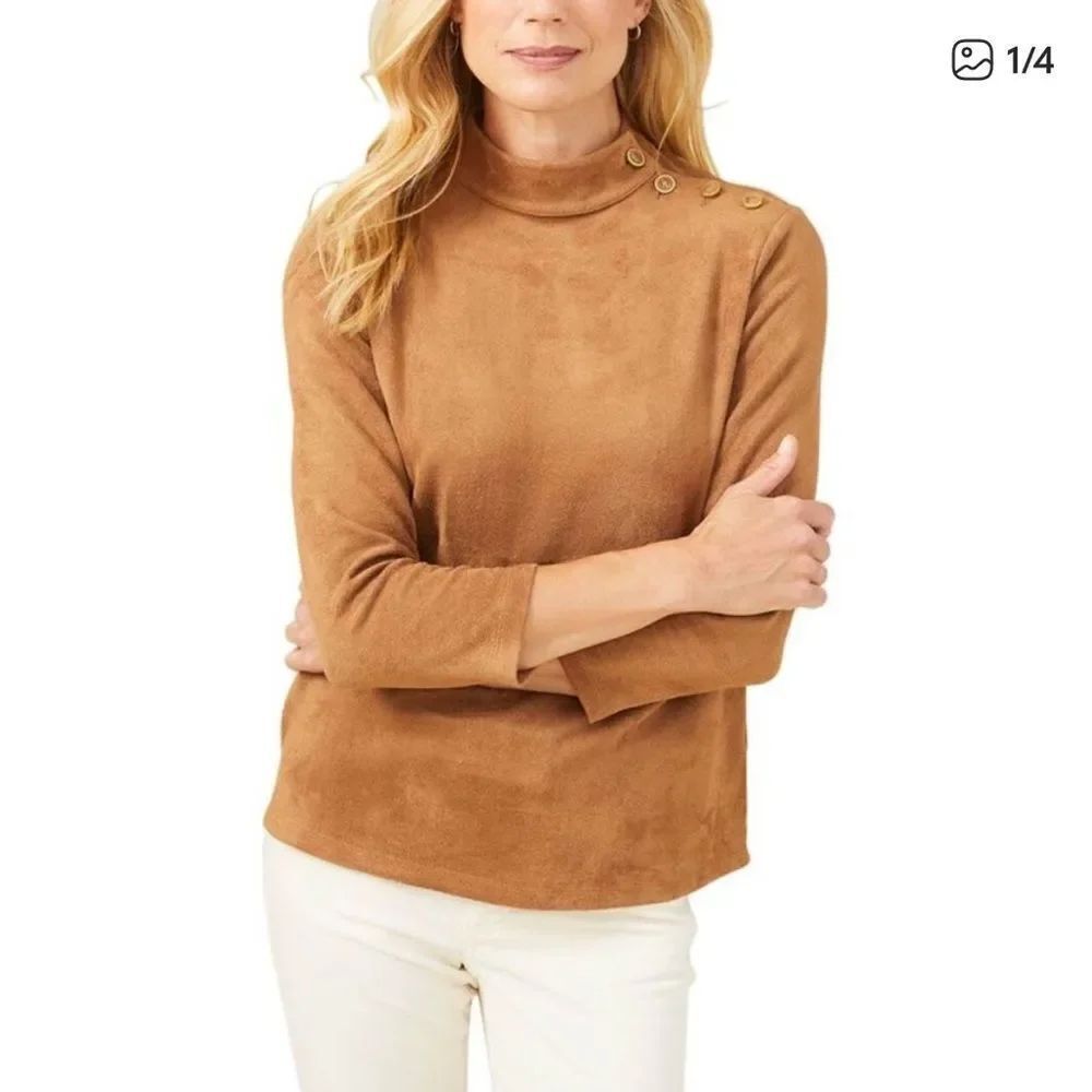 J McLaughlin Cambrie Top Faux Suede Gold Button Tan